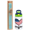 Easter Set, Children's thermal stainless steel bottle with safety straw, green/blue (350ml) & aromatic flat Easter candle (30cm) (TURQUOISE)