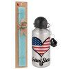 Easter Set, metallic silver aluminum water bottle (500ml) & scented flat Easter candle (30cm) (TURQUOISE)