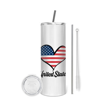 USA flag, Eco friendly stainless steel tumbler 600ml, with metal straw & cleaning brush