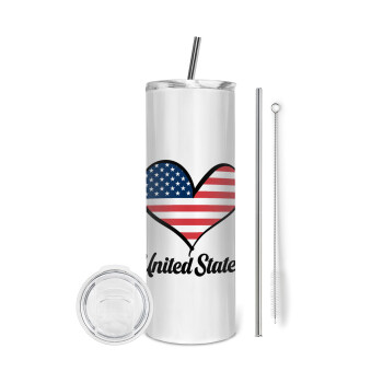 USA flag, Tumbler ποτήρι θερμό από ανοξείδωτο ατσάλι 600ml, με μεταλλικό καλαμάκι & βούρτσα καθαρισμού