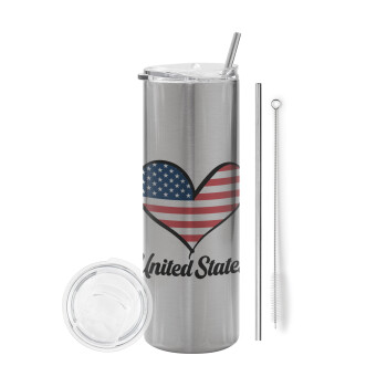 USA flag, Eco friendly stainless steel Silver tumbler 600ml, with metal straw & cleaning brush