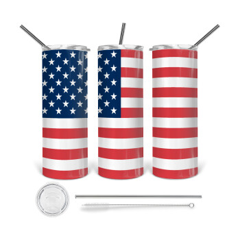 USA flag, 360 Eco friendly ποτήρι θερμό (tumbler) από ανοξείδωτο ατσάλι 600ml, με μεταλλικό καλαμάκι & βούρτσα καθαρισμού