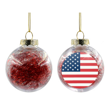 USA flag, Χριστουγεννιάτικη μπάλα δένδρου διάφανη με κόκκινο γέμισμα 8cm