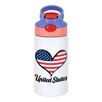 USA flag, Children's hot water bottle, stainless steel, with safety straw, pink/purple (350ml)