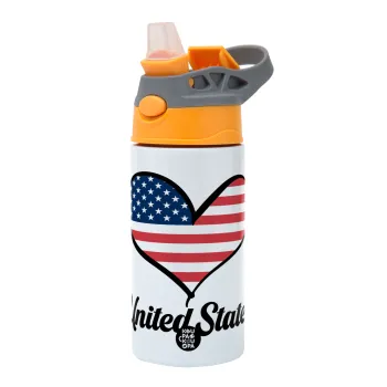 USA flag, Children's hot water bottle, stainless steel, with safety straw, Orange/Grey (360ml) BPA-FREE