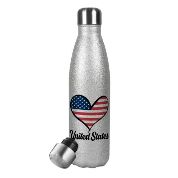 USA flag, Μεταλλικό παγούρι θερμός Glitter Aσημένιο (Stainless steel), διπλού τοιχώματος, 500ml