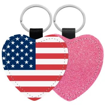 USA flag, Μπρελόκ PU δερμάτινο glitter καρδιά ΡΟΖ