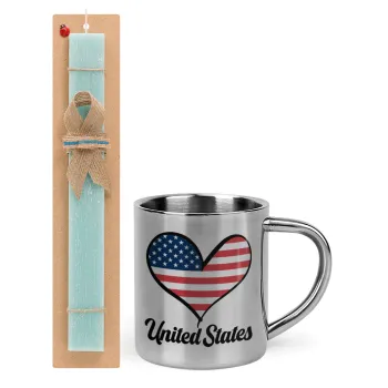 USA flag, Easter Set, metallic thermal cup (300ml) & aromatic flat Easter candle (30cm) (TURQUOISE)