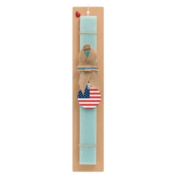 USA flag, Easter Set, wooden keychain & aromatic flat Easter candle (30cm) (TURQUOISE)