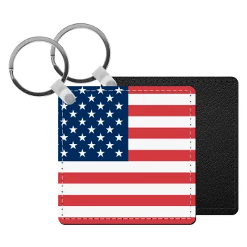 USA flag, Μπρελόκ Δερματίνη, τετράγωνο ΜΑΥΡΟ (5x5cm)