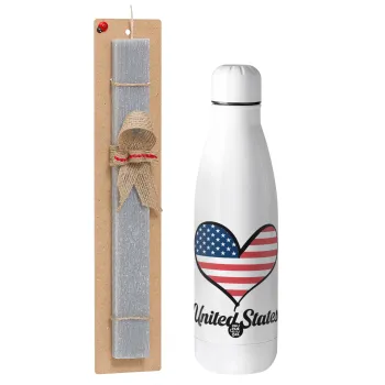 USA flag, Πασχαλινή Λαμπάδα με μεταλλικό παγούρι θερμός ανοξείδωτο (500ml) & κερί αρωματικό πλακέ (30cm) (ΓΚΡΙ)