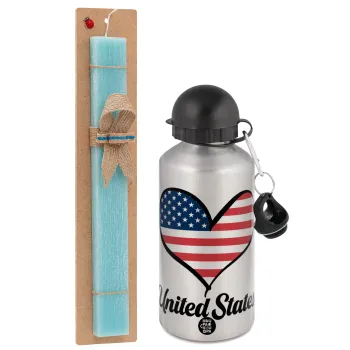 USA flag, Easter Set, metallic silver aluminum water bottle (500ml) & scented flat Easter candle (30cm) (TURQUOISE)