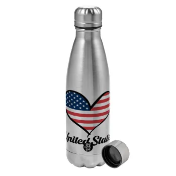 USA flag, Metallic water bottle, stainless steel, 750ml