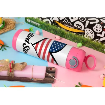 USA flag, Easter candle, Childrens hot water bottle, stainless steel, with safety straw, PINK (500ml)