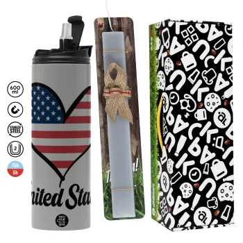 USA flag, Πασχαλινή Λαμπάδα με Travel Tumbler θερμό (600ml, BPA free) & κερί αρωματικό πλακέ (30cm) (ΓΚΡΙ)