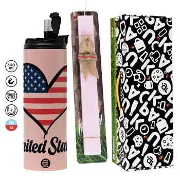 USA flag, Πασχαλινή Λαμπάδα με  ΡΟΖ Travel Tumbler θερμό (600ml, BPA free) & κερί αρωματικό πλακέ (30cm) (ΡΟΖ)