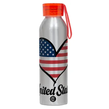 USA flag, Αλουμινένιο Αθλητικό Μπουκάλι 650ml – Ασημί με Κόκκινο Καπάκι και Λουράκι Σιλικόνης