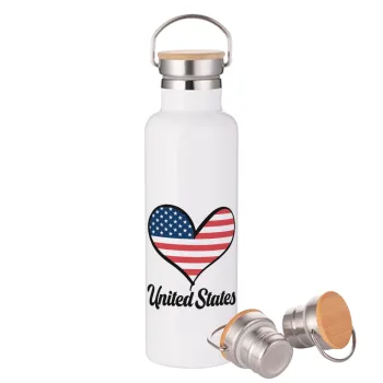 USA flag, Μεταλλικό παγούρι θερμός (Stainless steel) Λευκό με ξύλινο καπάκι (bamboo), διπλού τοιχώματος, 750ml