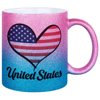 USA flag, Κούπα Χρυσή/Μπλε Glitter, κεραμική, 330ml