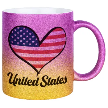 USA flag, Κούπα Χρυσή/Ροζ Glitter, κεραμική, 330ml