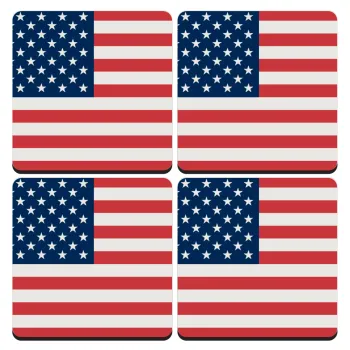 USA flag, ΣΕΤ 4 Σουβέρ ξύλινα τετράγωνα (9cm)