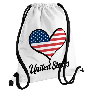 USA flag, Backpack pouch GYMBAG white, with pocket (40x48cm) & thick cords