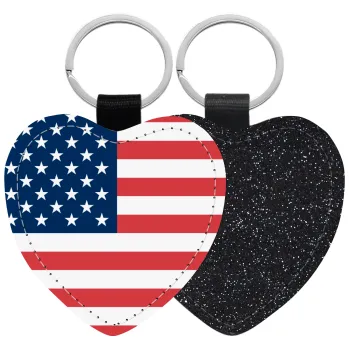 USA flag, Μπρελόκ PU δερμάτινο glitter καρδιά ΜΑΥΡΟ