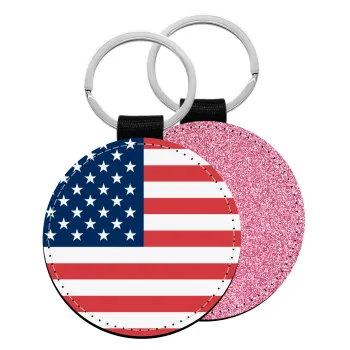USA flag, Μπρελόκ Δερματίνη, στρογγυλό ΡΟΖ (5cm)