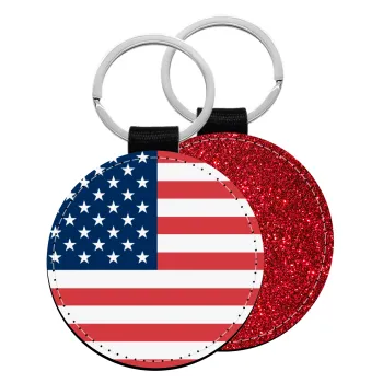 USA flag, Μπρελόκ Δερματίνη, στρογγυλό ΚΟΚΚΙΝΟ (5cm)