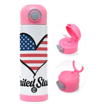 USA flag, Παιδικό παγούρι θερμό, ανοξείδωτο, με καλαμάκι ασφαλείας, ΡΟΖ (500ml)