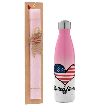 USA flag, Easter Set, Metallic pink/white (Stainless steel) thermos, double-walled, 500ml & aromatic flat Easter candle (30cm) (PINK)