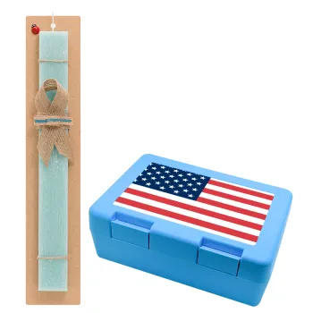 USA flag, Easter Set, children's snack container BLUE & Easter aromatic flat candle (30cm) (TURQUOISE)