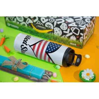 USA flag, Πασχαλινή Λαμπάδα με Travel Tumbler θερμό με διπλό καπάκι (600ml, BPA free) & κερί αρωματικό πλακέ (30cm) (ΤΙΡΚΟΥΑΖ)