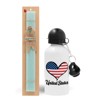 USA flag, Easter Set, metallic aluminum water bottle (500ml) & scented flat candle (30cm) (TURQUOISE)