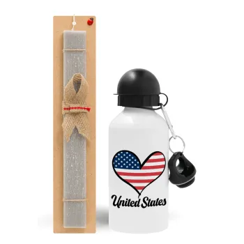 USA flag, Easter Set, metallic aluminum water bottle (500ml) & aromatic flat Easter candle (30cm) (GRAY)