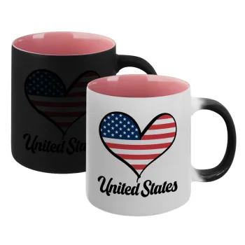 USA flag, Κούπα Μαγική εσωτερικό ΡΟΖ, κεραμική 330ml που αλλάζει χρώμα με το ζεστό ρόφημα