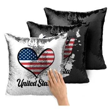 USA flag, Μαξιλάρι καναπέ Μαγικό Μαύρο με πούλιες 40x40cm περιέχεται το γέμισμα
