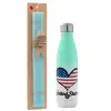 Easter Set, Metallic green/white thermos (Stainless steel), double-walled, 500ml & scented flat Easter candle (30cm) (TURQUOISE)