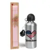 Easter Set, metallic Silver aluminum water bottle (500ml) & scented flat Easter candle (30cm) (PINK)
