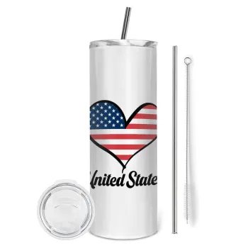 USA flag, Tumbler ποτήρι θερμό από ανοξείδωτο ατσάλι 600ml, με μεταλλικό καλαμάκι & βούρτσα καθαρισμού