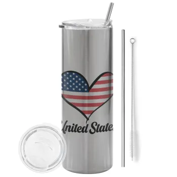 USA flag, Tumbler ποτήρι θερμό Ασημένιο από ανοξείδωτο ατσάλι 600ml, με μεταλλικό καλαμάκι & βούρτσα καθαρισμού