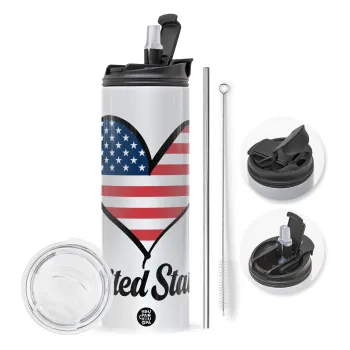 USA flag, Travel Tumbler θερμό με διπλό καπάκι, μεταλλικό καλαμάκι και βούρτσα καθαρισμού (Ανωξείδωτο 304 Food grade, BPA free, 600ml)