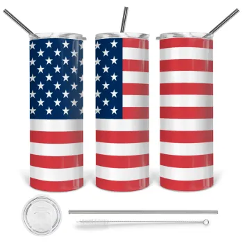 USA flag, Tumbler ποτήρι θερμό από ανοξείδωτο ατσάλι 600ml, με μεταλλικό καλαμάκι & βούρτσα καθαρισμού
