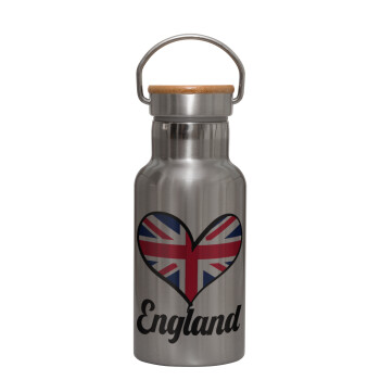 England flag, Stainless steel metallic thermos flask, silver with a bamboo lid, double-walled, 350ml.