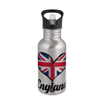 England flag, Water bottle Silver with straw, stainless steel 500ml