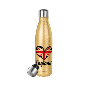 England flag, Μεταλλικό παγούρι θερμός Glitter χρυσό (Stainless steel), διπλού τοιχώματος, 500ml