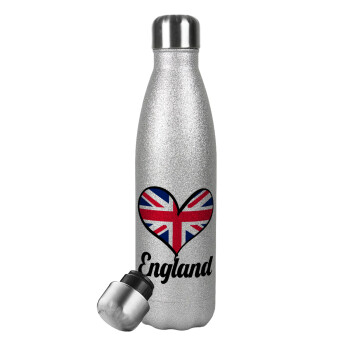 England flag, Μεταλλικό παγούρι θερμός Glitter Aσημένιο (Stainless steel), διπλού τοιχώματος, 500ml