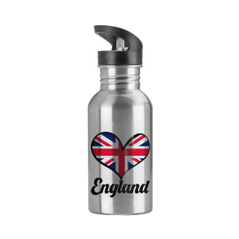 England flag, Water bottle Silver with straw, stainless steel 600ml