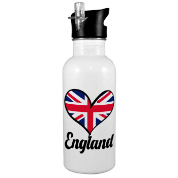 England flag, White water bottle with straw, stainless steel 600ml