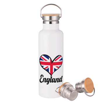 England flag, Stainless steel White with wooden lid (bamboo), double wall, 750ml